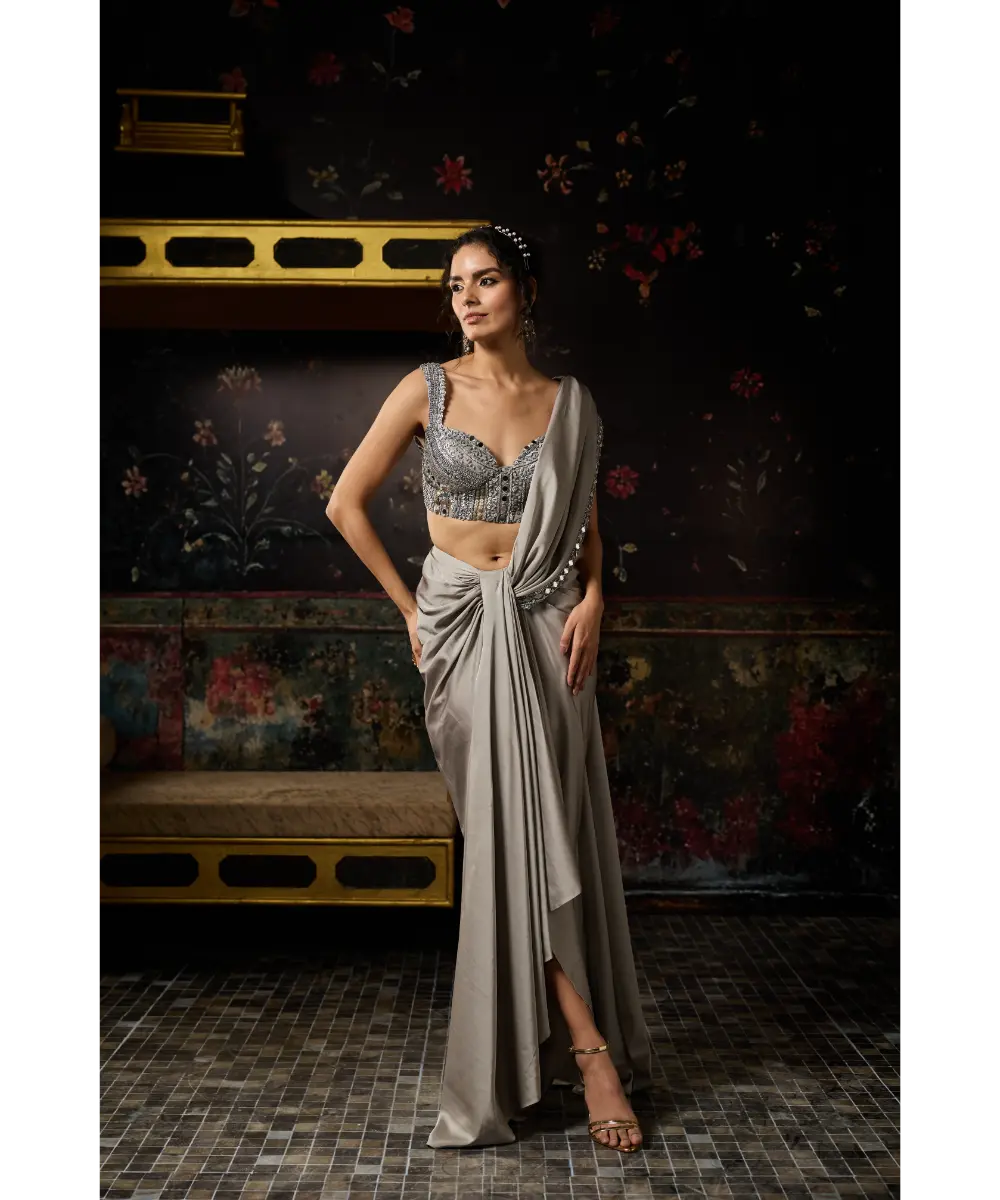 DIYARAJVVIR - GREY EMBELLISHED DRAPED SKIRT SAREE SET